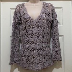 Cache Lilac Sparkly Crochet Sweater Size L